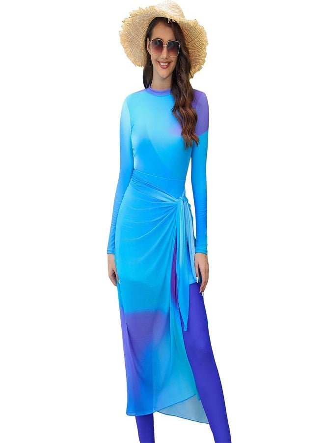AWIBMK Womens Muslim Swimsuits Long Sleeve Tie Dye Top Swim Pants with Long Sarong Cover up Wrap Skirt Full Coverage Swimwear Modest Islamic Ladies Swimming Beachwear Burkini Bathing Suit Blue 4PCS Large - Image 1